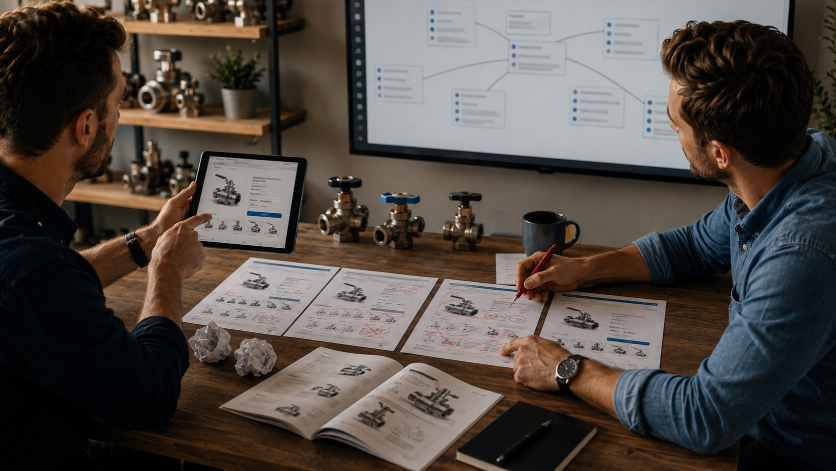 Zwei Personen analysieren Strategien zur B2B-Shop Optimierung.