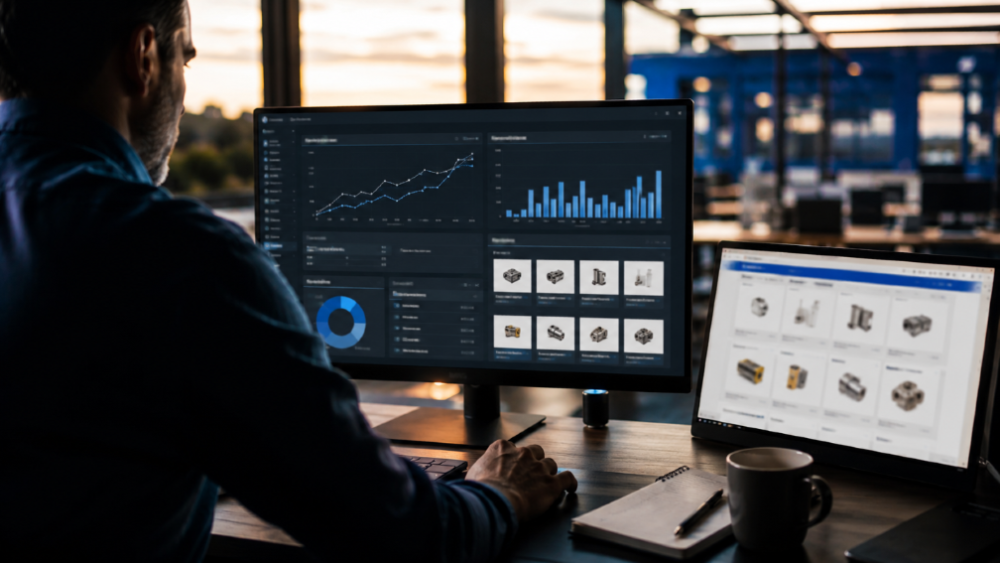 Mann arbeitet an einem B2B-Shop optimieren Dashboard mit Statistiken.