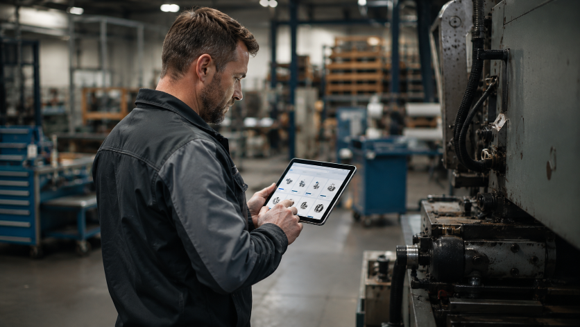 Ein Arbeitnehmer im B2B-Bereich nutzt ein Tablet zur Optimierung des Shops.