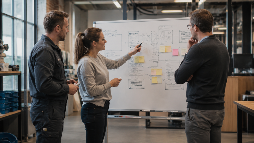 Ein Team bespricht Strategien für den B2B-Shop auf einem Whiteboard.