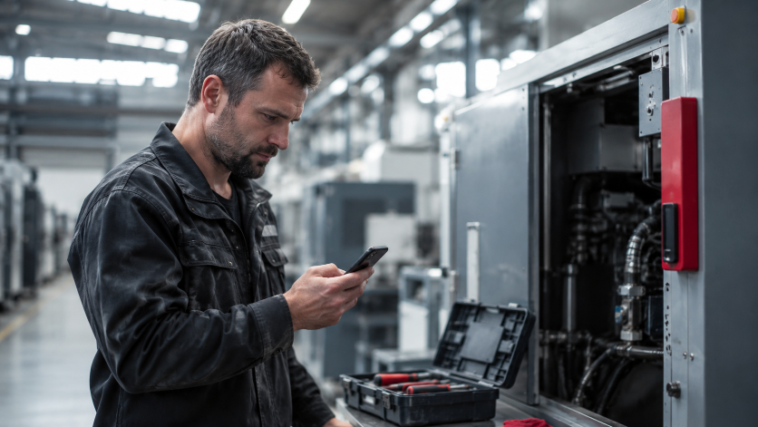 Arbeiter in einer Werkstatt überprüft Hersteller-Verfügbarkeiten im Online-Shop.
