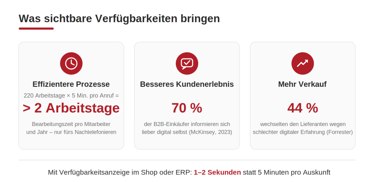 Infografik zu sichtbaren Verfügbarkeiten mit Vorteilen für Prozesse, Kunden und Verkauf.