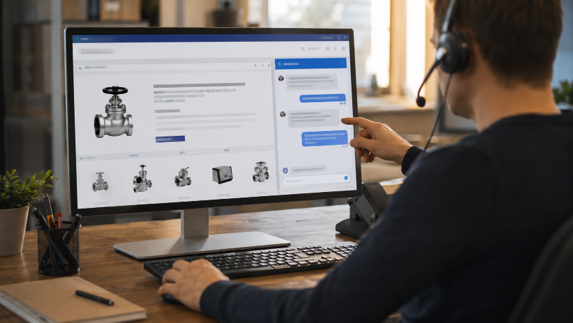 Ein Mitarbeiter im B2B-Shop nutzt einen Support-Chat für Kundenbindung.