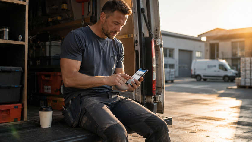 Arbeitnehmer im B2B-Bereich nutzt Smartphone zur Kundenbindung.