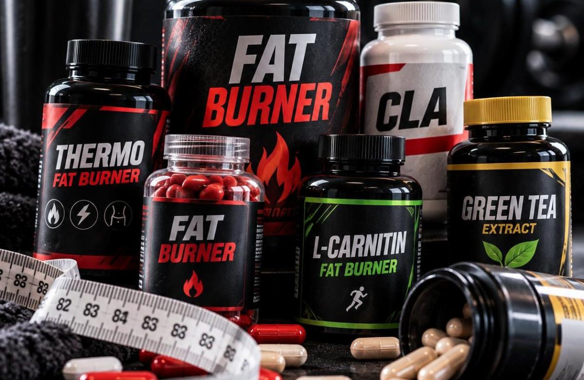 Verschiedene Fatburner-Supplements, die Mythen zur Fettverbrennung visualisieren.