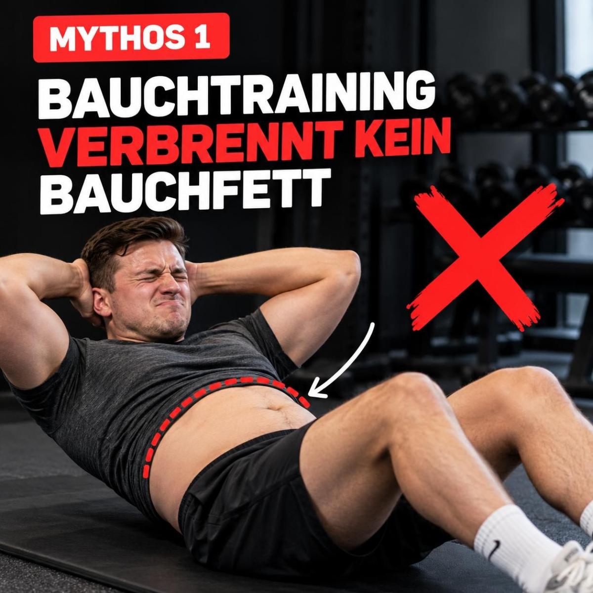 Mann trainiert Bauchmuskeln, Mythos lokale Fettverbrennung besagt, dass Bauchtraining kein Bauchfett verbrennt.
