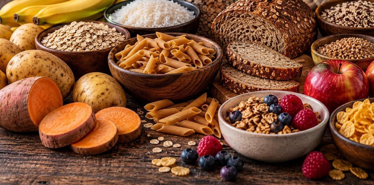 Vielfalt an Lebensmitteln mit Kohlenhydraten beim Abnehmen, darunter Brot, Obst und Hülsenfrüchte.