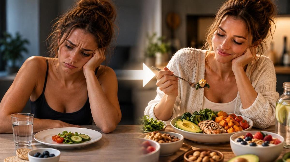 Eine Frau zeigt den Unterschied zwischen weniger Essen und genussvollem Essen für den Stoffwechsel.
