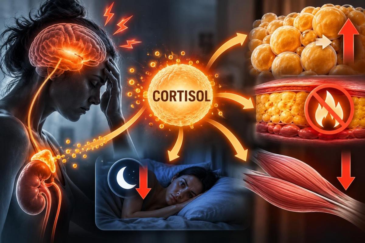 Eine Grafik, die die Auswirkungen von Cortisol auf den Stoffwechsel und Körper zeigt.