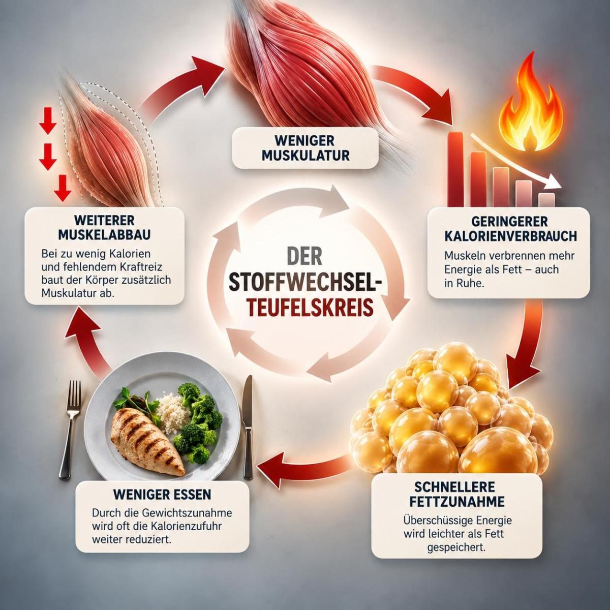 Infografik über den Stoffwechsel Teufelskreis mit weniger Muskulatur.