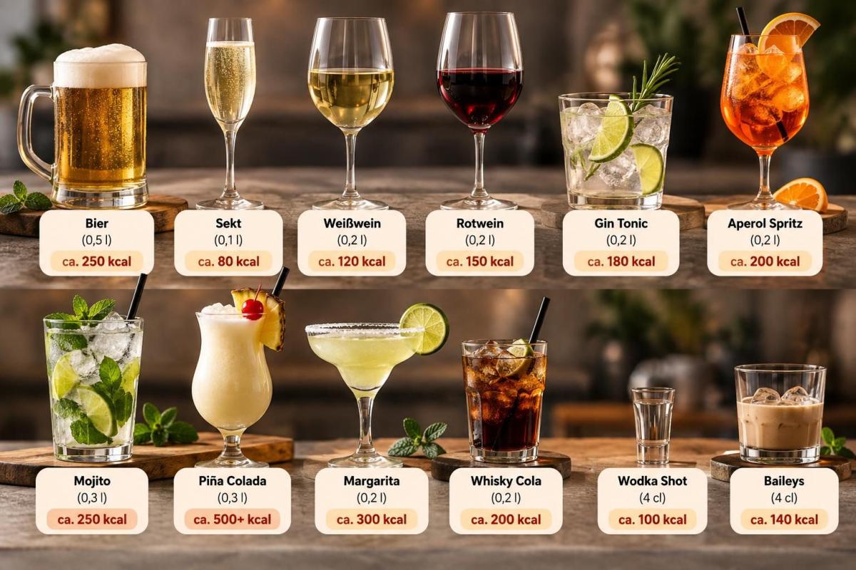 Verschiedene alkoholische Getränke mit Kalorienangaben für Abnehmen trotz Alkohol.