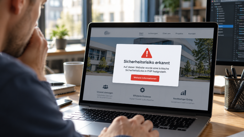 PHP-Sicherheitslücken: Ein Mann sieht am Laptop eine Sicherheitswarnung auf einer Webseite.