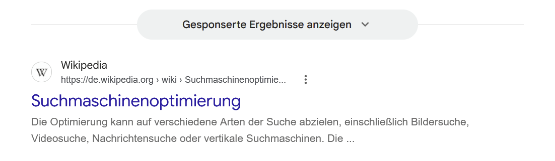 Google-Suchergebnisse zu Suchmaschinenoptimierung mit Wikipedia-Treffer und Hinweis auf gesponserte Ergebnisse; SEO steht im Fokus.
