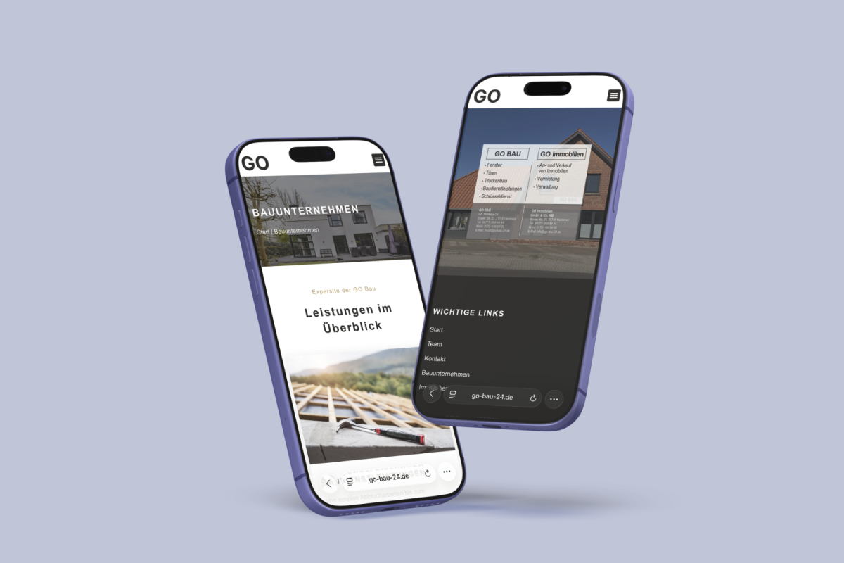 Mobile-Ansicht der Website von GO Bau und GO Immobilien.