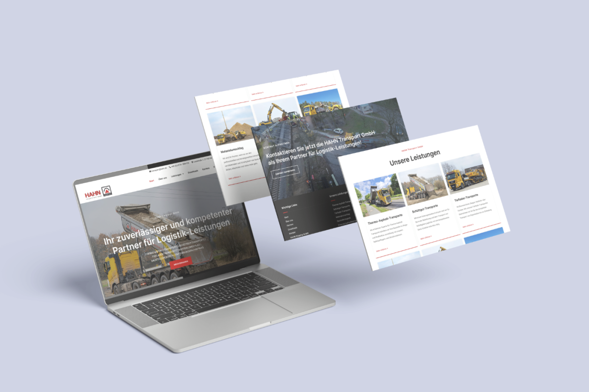 Laptopansicht der Website der HAHN Transport GmbH.