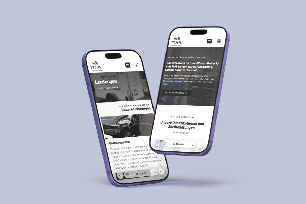 Mobil-Ansicht der Website von Sachverständigenbüro Topp GbR.