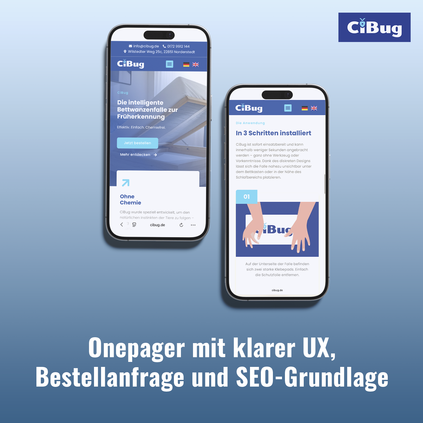 Von Baukasten-Website zum verkaufsstarken Onepager: CiBug führt zur Bestellanfrage