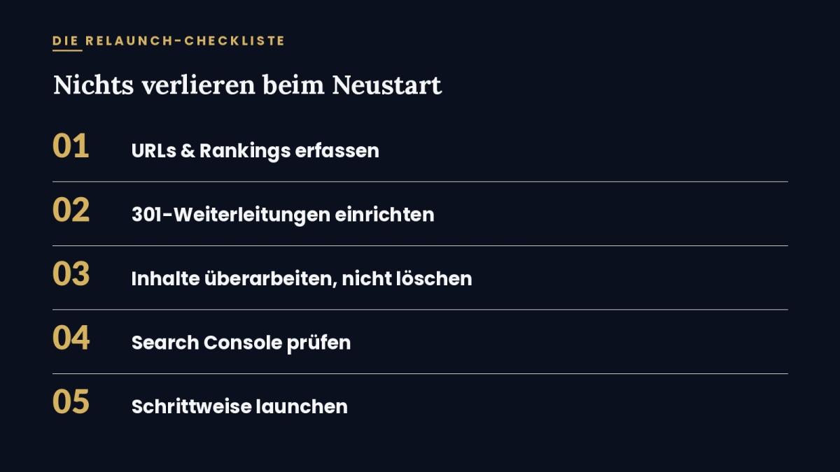 Checkliste für den Relaunch: Nichts verlieren beim Neustart mit wichtigen Schritten.