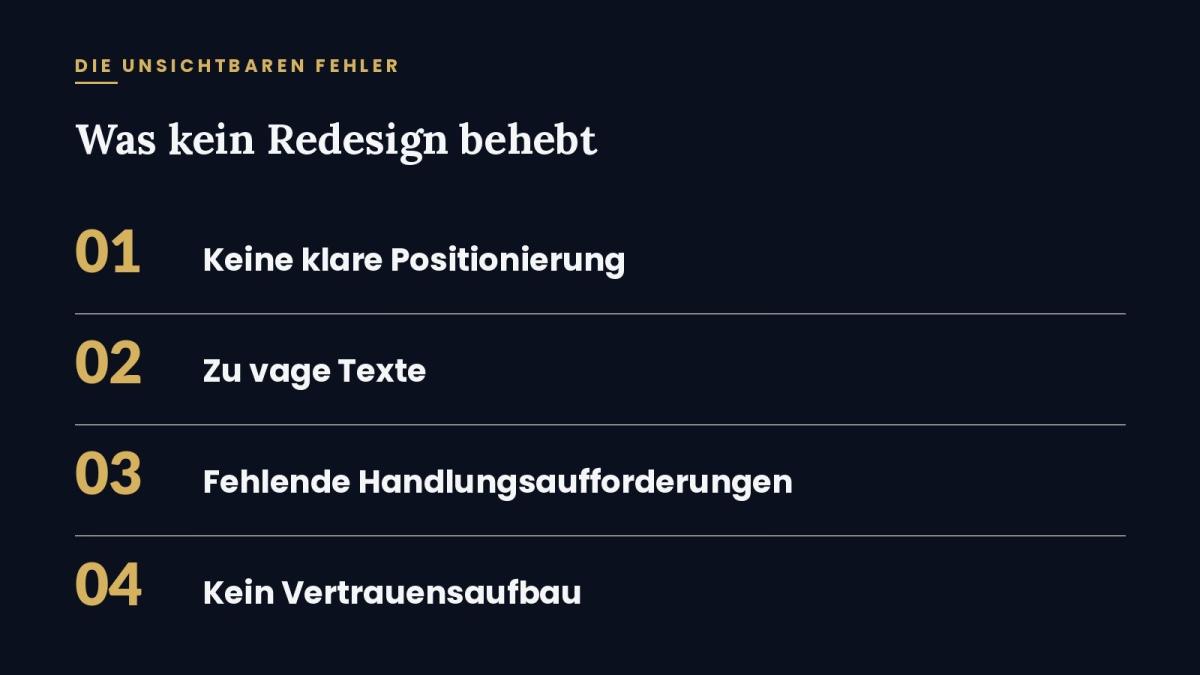 Auflistung der häufigsten Fehler, die ein Redesign nicht behebt.