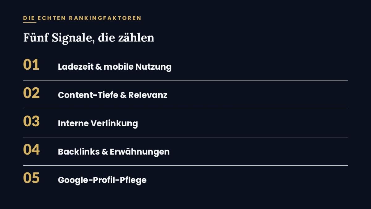 Die fünf Google Ranking Faktoren, die für die SEO-Relevanz entscheidend sind.