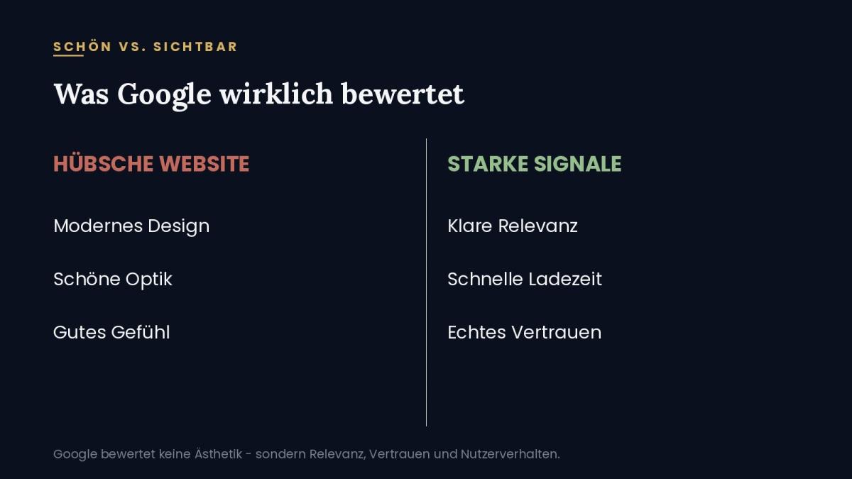Vergleich zwischen hübscher Website und starken Signalen, die Google bewertet.