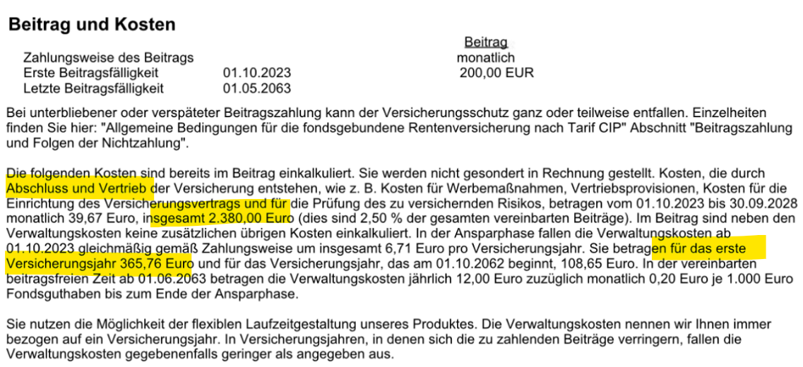 Kostenausweis - Continentale Concept Invest Pro