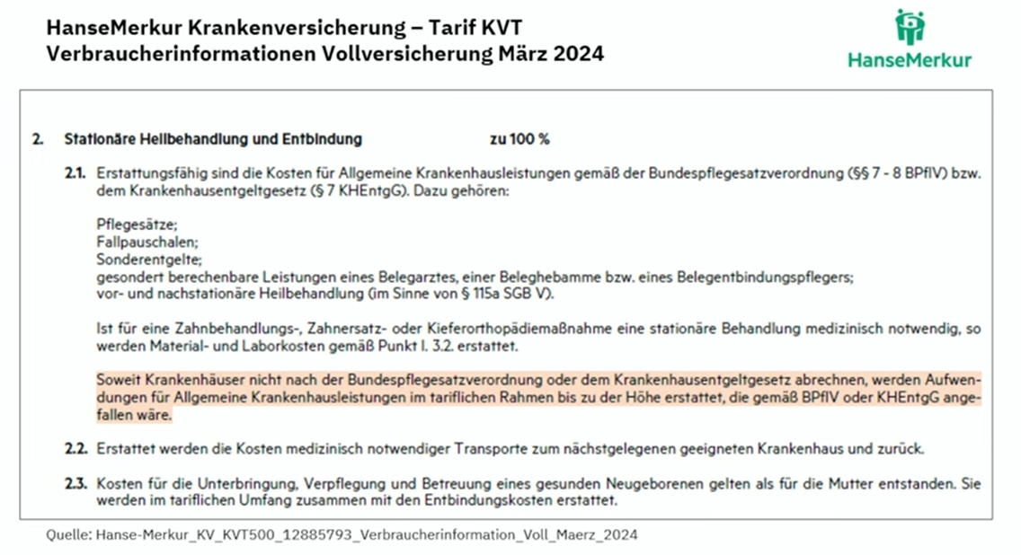 Beispiel HanseMerkur KVT - Abrechnung Krankenhausleistungen