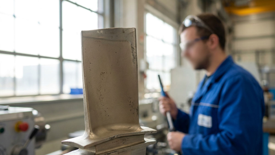 Ein Metallteil für Flugzeugtriebwerke, das Rhenium enthält, wird in einer Werkstatt bearbeitet.