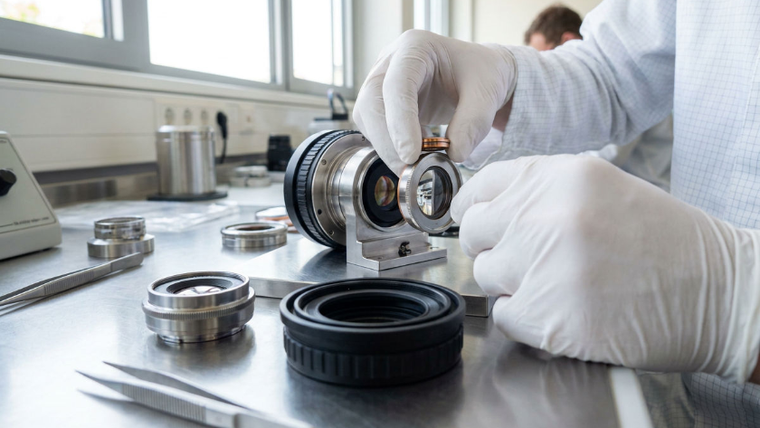 Ein Techniker montiert eine Linse aus Germanium für eine Wärmebildkamera.