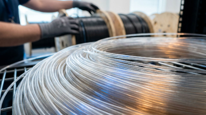 Ein Arbeiter verarbeitet Germanium-Drahtspulen in einer modernen Produktionsumgebung.
