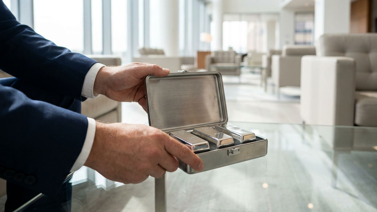 Investor hält einen Koffer mit Germanium-Investitionen in der Hand.