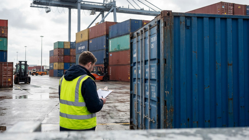Mitarbeiter mit Notizblock überprüft Germanium-Lieferungen im Containerhafen.