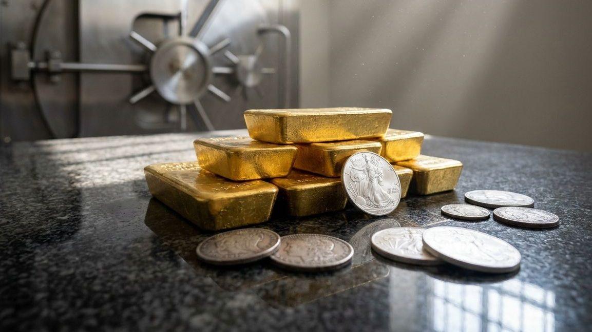 Physische Edelmetalle in Form von Goldbarren und Münzen.