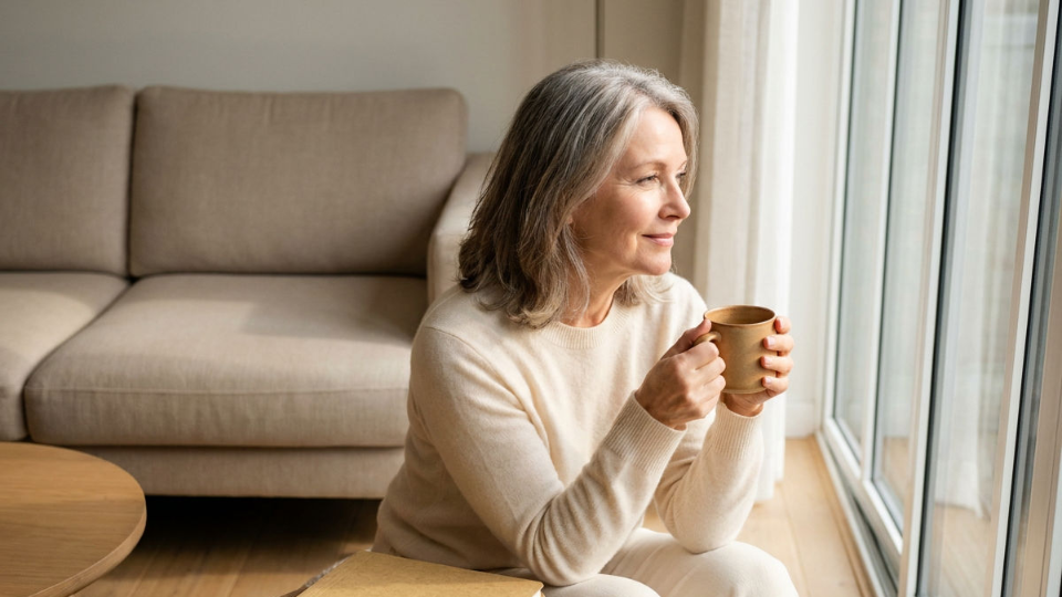 Eine ruhige Frau mit grauen Haaren hält eine Tasse und denkt über ihr Vermögen nach der Scheidung nach.