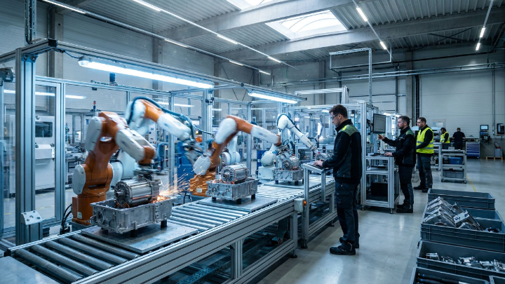 Moderne Industrieproduktion mit Robotern, die Neodym und Praseodym bearbeiten.