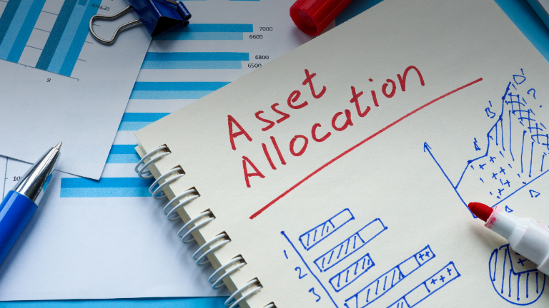 Notizen zur Asset Allocation auf einem Tisch mit Diagrammen.