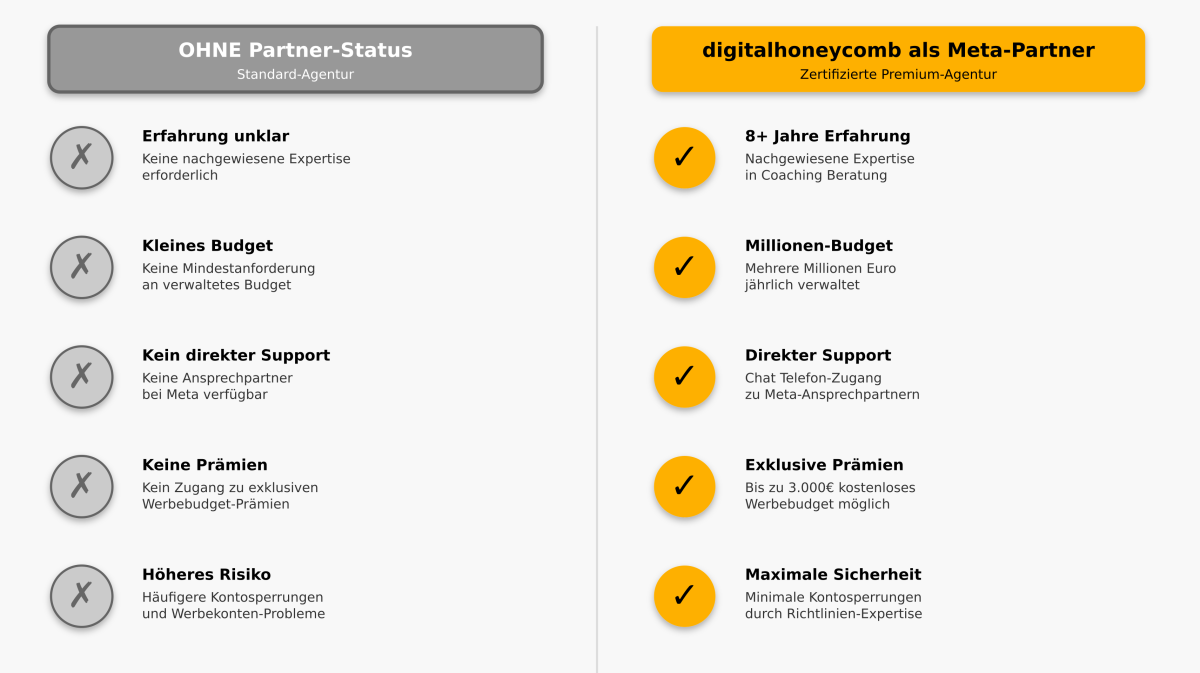 Ads-Agenturen für Coaches und Berater OHNE vs. digitalhoneycomb MIT Meta Business Partner-Status