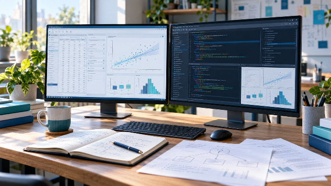 Arbeitsplatz mit zwei Monitoren, auf denen JASP und Jamovi dargestellt sind.