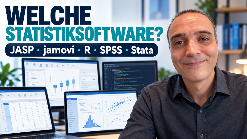 Mann präsentiert verschiedene Statistiksoftware: JASP, Jamovi, R, SPSS und Stata.