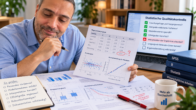 Mann überprüft statistische Auswertung mit Diagrammen und Tabellen.