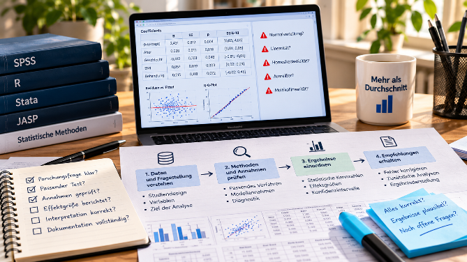 Eine Arbeitsstelle mit Laptop und Unterlagen zur statistischen Auswertung prüfen lassen.