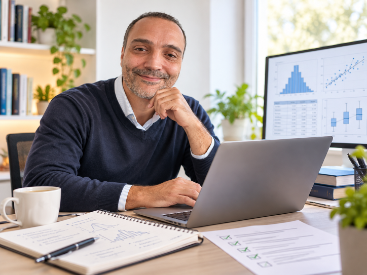 Mann arbeitet am Laptop und prüft Ergebnisse zur Statistik in der Bachelorarbeit.