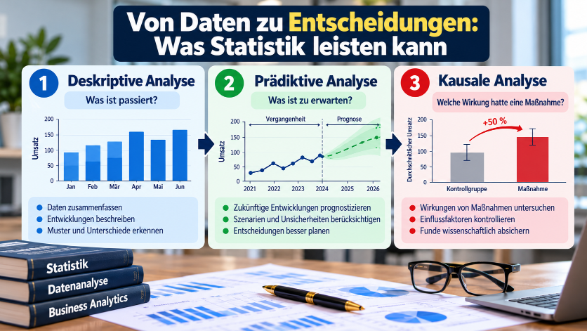 Infografik zu deskriptiver, prädiktiver und kausaler Analyse auf einem Schreibtisch mit Diagrammen und Datenblättern.