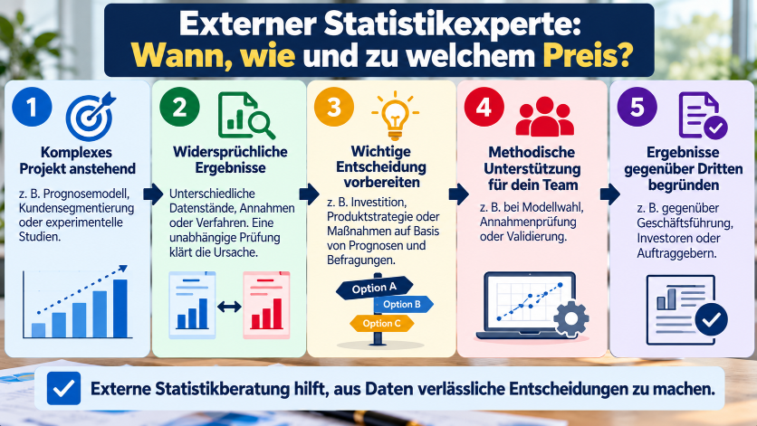 Infografik zeigt fünf Schritte der Zusammenarbeit mit einem Statistikexperten – von der Projektanalyse bis zur Ergebnisprüfung.
