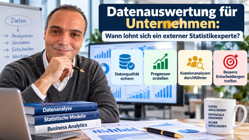 Ein Statistikexperte sitzt neben Diagrammen, Datenanalyse-Büchern und einem Laptop am Schreibtisch.