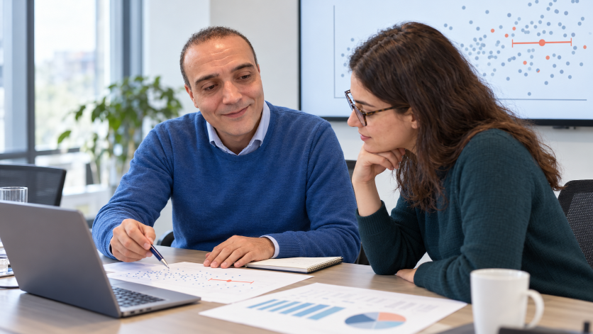 Zwei Personen diskutieren eine statistische Auswertung an einem Tisch.