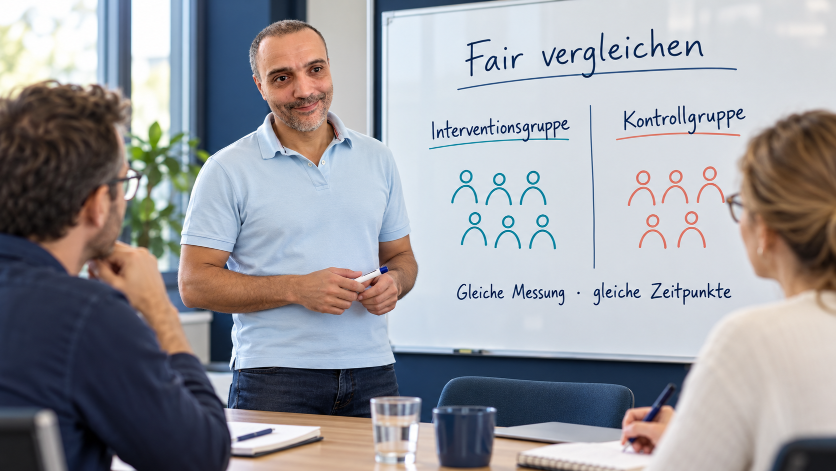 Ein Mann erklärt Kontrollgruppe und Interventionsgruppe in einer Besprechung.