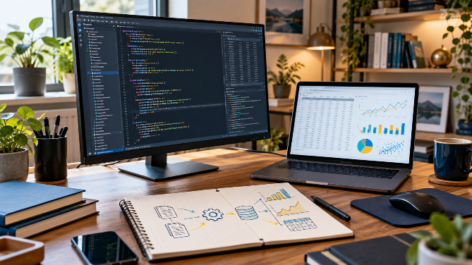 Workspace mit Python Programmierung, Diagrammen und Code auf Monitor.