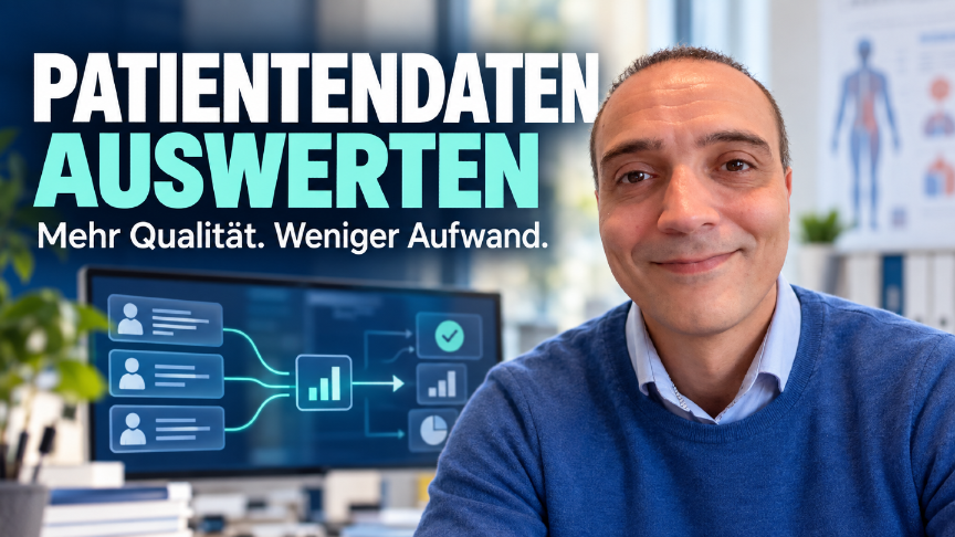 Ein Mann lächelt vor einem Bildschirm mit Grafiken zur Auswertung von Patientendaten.