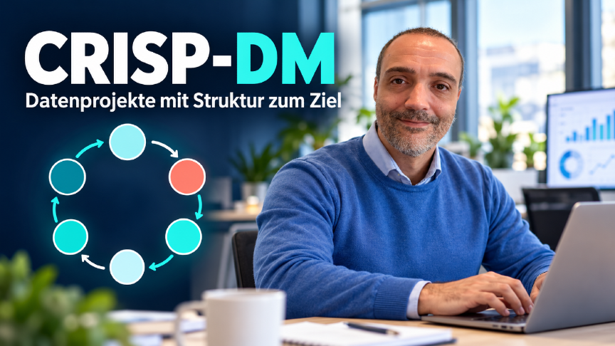 Mann arbeitet an einem Computer und erklärt CRISP-DM für Datenprojekte.